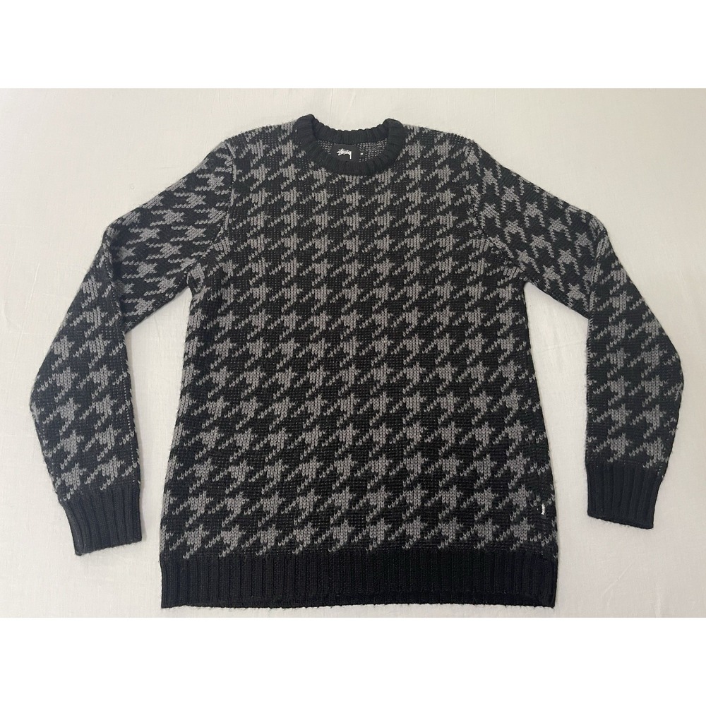 STUSSY Wool Knit Sweater M Black Houndstooth Print